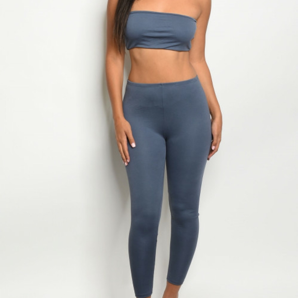 Indigo Crop Halter Top & Leggings Pants Set - Picture 2 of 6